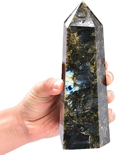 Large Labradorite Crystal Tower Natural Healing Crystal Point Wand Obelisk 6 Faceted Reiki Chakra Meditation Therapy Home Decor Gift 1.5-2 LBS
