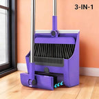 3 in 1 Broom and Dustpan Set with Adjustable Push Broom with 48.8“ Long Handle for Floor Sweeping Outdoor Indoor Sweeping Combo for Home & Kitchen (Purple)