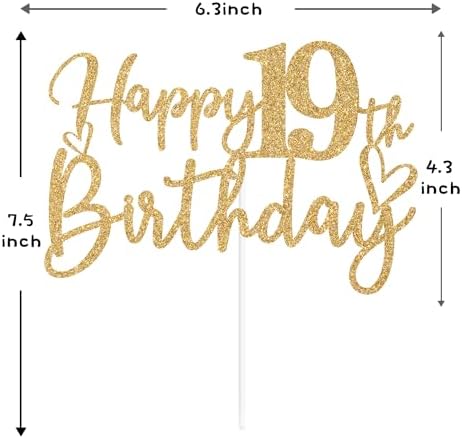Gold Glitter Happy 19th Birthday Cake Topper, Cheers to 19 Years/Level 19 Unlocked, Funny 19th Birthday Party Decorations Supplies