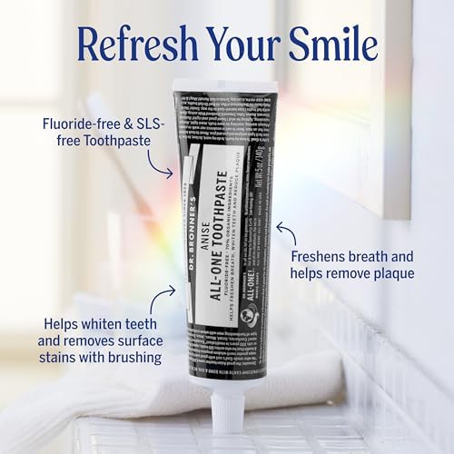 Dr. Bronner’s - All-One Toothpaste (Anise, 5 Ounce, 1-Pack) - 70% Organic Ingredients, Natural and Effective, Fluoride-Free, SLS-Free, Helps Freshen Breath, Reduce Plaque, Whiten Teeth, Vegan