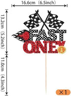 1 Pack Fast One Birthday Cake Topper Glitter Flag Racing Car Cake Pick for Let's Go Racing Theme Boys Girls Kids 1st Birthday Party Cake Decorations Supplies
