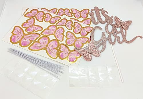 Glitter Double Sided Baby Shower Cake Topper Girl Set,Assembled Rose Gold It's A Girl Cake Toppers and 20 Pieces Pink Butterflies Cupcake Toppers Decorations for Baby Shower Party Decor Favors