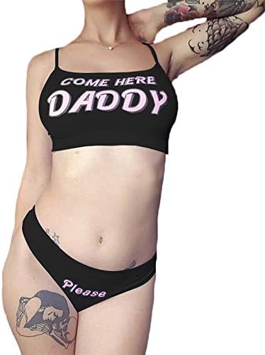 Multitrust Sexy Women Come Here Daddy Please Strappy Lingerie Set 2PCS Slutty Underwear Tank Tops and Panty Pajamas Sleepwear