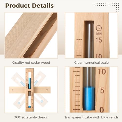 yeesport 15 Minutes Sauna Sand Timer, Sauna Hourglass Sand Timer, 15-Min Red Cedar Sand Clock with Blue Sand, Heat Resistant Wood Hour Glass Timer, Sauna Accessories for Sauna & SPA Room