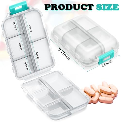 Meekoo 8 Pcs Travel Pill Organizer Pocket Portable Pill Case Daily Container Small Container Medicine Travel with 10 Compartments for Purse Fish Oil Medicine(Clear White)