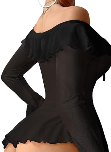 Foxiny Sexy Rave Ruffle Bell Long Sleeve Off Shoulder Mesh Sheer Babydoll Lingerie Set Dress with Thong 2 Piece