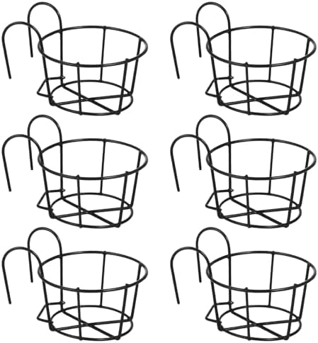 6 PCS Round Hanging Railing Planters, Hanging Flower Stand Iron Baskets, Hanging Planters for Outdoor Plants, Metal Rack Fence Shelf Plant Holder with Hooks for Balconies, Gardens, Indoor Spaces