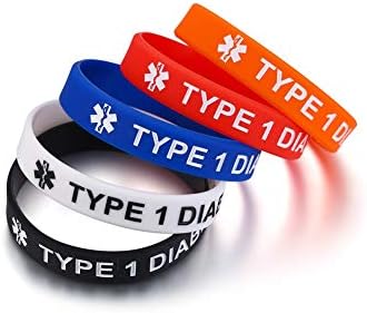 MEALGUET Pack of 5 Comfort Silicone Medical Alert ID Type 1 Diabetic Type 2 Diabetic Wristband Awareness Diabetic Bracelet for Kid Boys Girls, 6.7"