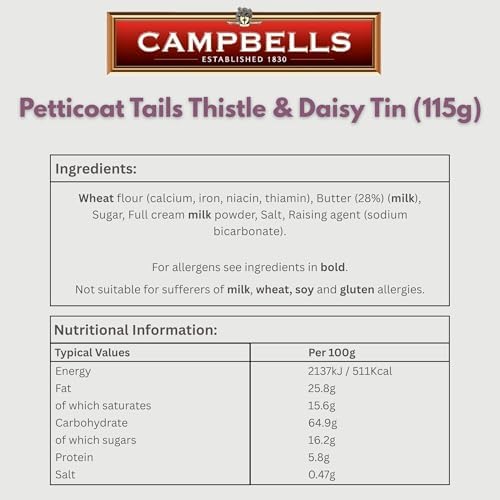 Campbells Shortbread Petticoat Tails Thistle & Daisy Tin 4.1 Oz (115g) - Pure Butter Scottish Shortbread Cookies from Scotland, Butter Cookies in Scottish Thistle Tin, British Tea Biscuits Gift