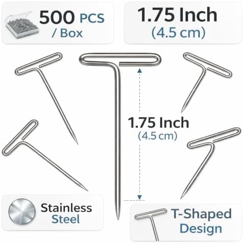 500PCS T Pins 1.75 Inch, Stainless Steel T-Shaped Straight Pins for Sewing, Wig Making, Foam Blocks, Knitting & Craft Projects
