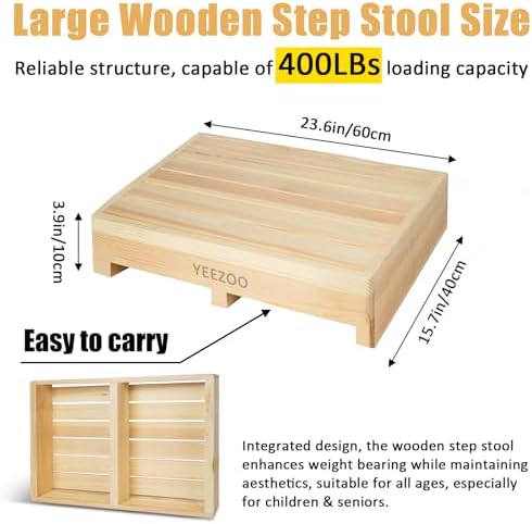 Wooden one Step Stool- Solid Pine Wood Step Riser with Non-Slip Pads, Wood Step Stool for Elderly Adults, high Bed, Bathroom, Kitchen (23.6" L*15.7" W*3.9" H, Natural, 400LBs Capacity)