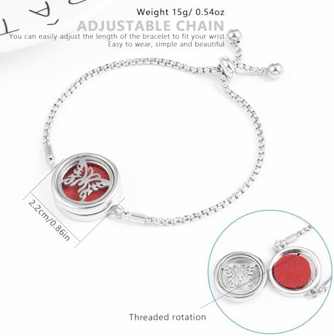 Essential Oil Diffuser Bracelet Aromatherapy Locket Adjustable Stainless Steel Butterfly Bracelet with 10 Pcs Refill Pads for Women Girls