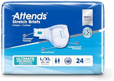 Attends Stretch Briefs with Advanced Dry-Lock Technology for Adult Incontinence Care, Large/X-Large, Unisex, 24 Count