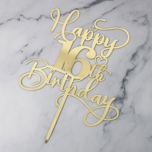 Happy 16th Birthday Cake Topper，Mirrored Gold Acrylic Birthday Topper for Cheers to 16 Years Birthday/Anniversary Party Decoration Ideas, Perfect Keepsake for your family and friends(16th)