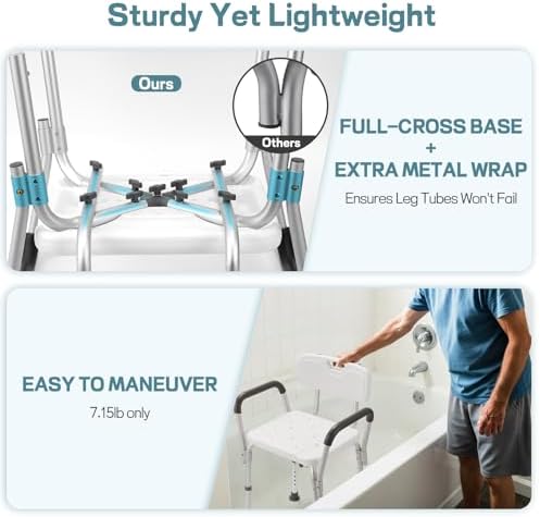Shower Chair for Elderly and Disabled with Padded Armrests and Back, Adjustable Height Shower Seat, Tool-Free Heavy Duty Shower Chairs for Inside Shower, Handicap