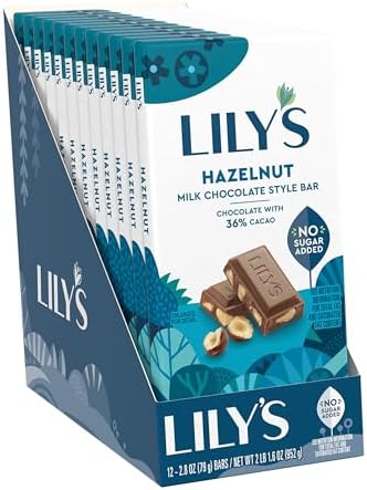 LILY'S Hazelnut Milk Chocolate Style No Sugar Added, Sweets Bars, 2.8 oz (12 Count)