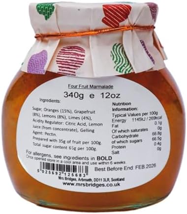 Mrs Bridges Four Fruit Marmalade, Made in Scotland, 12oz Jar (Pack of 1)