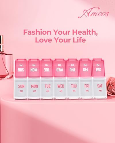 Weekly Pill Organizer 2 Times a Day, Stylish Pill Box 7 Day AM PM with Large Compartments, Pill Case Easy to Use, BPA-Free Pill Container for Vitamins, Fish Oils, Supplements, Medicines, Pink
