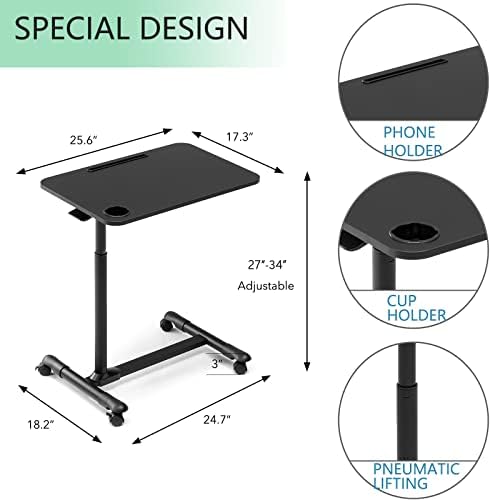 ETHU Overbed Table with Hydraulic Lift, 27.1-34.2 Inch Height Adjustable Bed Table with Lockable Casters - Wood Grain Tabletop with Cup Holder & Charging Slot, 22lbs Capacity Rolling Bedside Desk