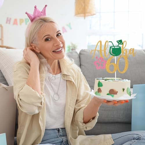 Aloha 60 Cake Topper, Luau Beach 60 Birthday Decor, Cheers to 60 Years, Hello 60, Hawaiian Tropical Theme Summer 60th Birthday Party Decorations