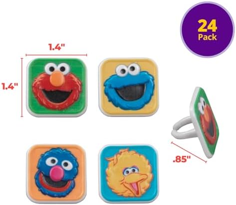 Sesame Street Rings, 24 Cupcake Toppers Featuring Elmo, Big Bird, Cookie Monster, Grover, Bright Colorful Cupcake Decorations, Food Safe - 24 Pack