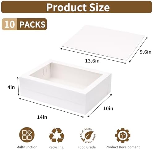 Moretoes 10pcs 14x10x4in Sheet Cake Boxes with Cake Board, White Rectangle Bakery Boxes with Window, for Quarter Sheet Cakes, Donuts, Cupcakes, Brownie&Pie