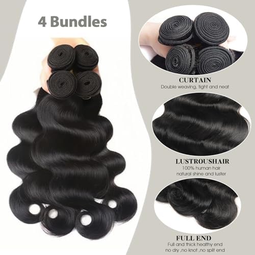 12A Body Wave Human Hair Weave 4 Bundles with 13x4 HD Lace Frontal, 100% Unprocessed Brazilian Virgin Hair Free Part for Women DIY Wigs, Natural Color 330g (12 14 16 18+10 Inch)