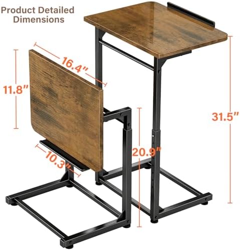 Tv Tray Table, 8-Level Adjustable Height Couch Side Table，90° Tilt Angle Adjustments C-Shaped End Table, with Phone & Tablet Slot Sofa Computer Desk for Couch, Sofa, Bed, Chair, Living Room (Brown)
