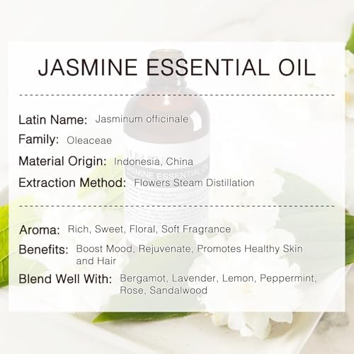Jasmine Essential Oil 100ML, 100% Pure Natural Jasmine Oil Premium Grade Aromatherapy Oil for Hair Face Skin Body Care, Diffuser, Massage, Home, Soap and Candle Making