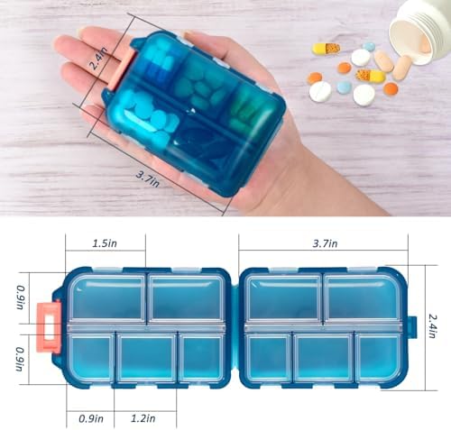 2 Pack Pill Organizer Travel Case - 10 Compartments Portable Medicine Container with 330 Labels, Double Lock Design (Blue & Chocolate, 2 Boxes)
