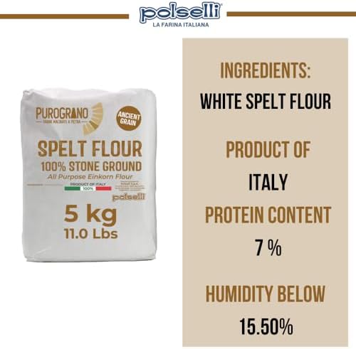 Polselli, Purograno,100% Stone Ground Spelt (Farro) Flour, 5kg, 11 lb – Ancient Whole Grain, High Protein, All-Purpose for Bread, Pizza, Pasta & Pastries – Imported from Italy. Unbleached, unbromated and no additives