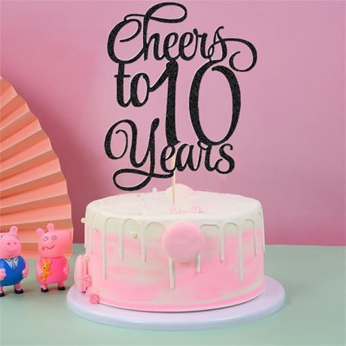 1PCS Cheers to 10 Years Cake Topper Happy Birthday Cake Toppers Black Glitter Children's 10st Birthday Cake Decorating Decor Blessed 10 Years Wedding Party Decorations