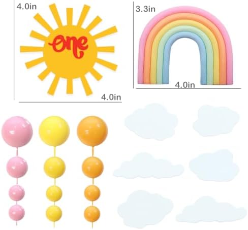 20PCS Rainbow Cake Toppers Sunshine One Cake Decorations with Rainbow Acrylic Sun Clouds Orange Yellow Pink Balls for Sunshine One Themed Party Party