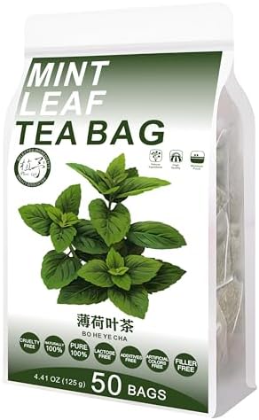 Plant Gift 50 Cups Mint Leaf Tea Bag (薄荷叶茶 BO HE YE CHA) 4.4oz (2.5g*50bags/125g) Peppermint Natural Mixed Herbal Combination of Floral Tea