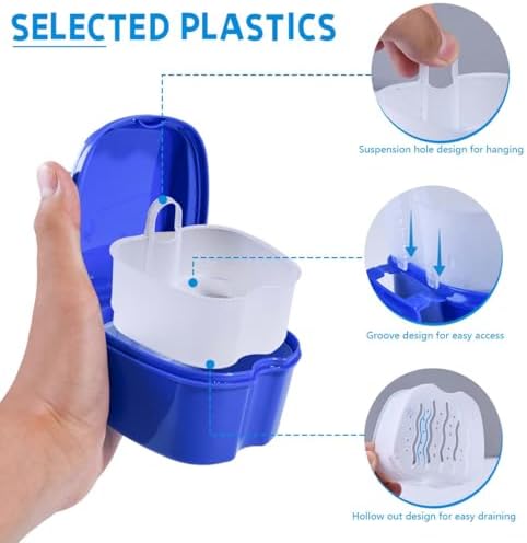 2 Pack Colors Denture Bath Case Cup Box Holder Storage Soak Container with Strainer Basket for Travel Cleaning (Light Blue and Blue)