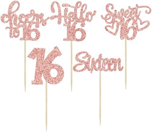 30Pcs 16th Birthday Cupcake Toppers Sixteen Happy 16th Cupcake Picks Cheers to 16 Sweet 16 Cake Decorations for Anniversary Party Supplies Rose Gold Glitter