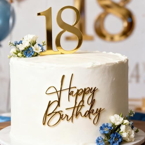 Happy Birthday 18 Cake Topper, Acrylic Gold Happy 18th Birthday Cake Decoration Cheers to 18 Years Cake Pick Eighteen Hello 18 Fabulous Cake Sign for Party Supplies