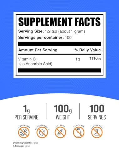 BulkSupplements.com Ascorbic Acid Powder - Vitamin C Supplement, for Immune Support - Ascorbic Acid Food Grade, Gluten Free, 1g per Serving, 100g (3.5 oz) (Pack of 1)