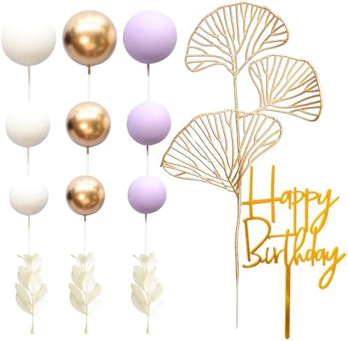 Gyufise 57Pcs Balls Cake Topper Boho Grass Cake topper Pearl Balls Acrylic Happy Birthday Cake Decorations for Wedding Baby Shower Birthday Boho Themed Party Supplies Purple