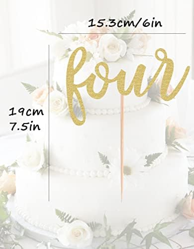 Four Cake Topper - Gold Glitter Happy 4th Birthday Cake Decorating Supplies, for Boy or Girl Party Photo Booth Props