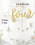 Four Cake Topper - Gold Glitter Happy 4th Birthday Cake Decorating Supplies, for Boy or Girl Party Photo Booth Props