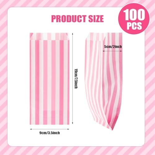 100 Pcs Paper Popcorn Bags Individual Servings small popcorn bags for Party Disposable Snack Candy Movie Nights Pop Corn Bags (Light Pink White)
