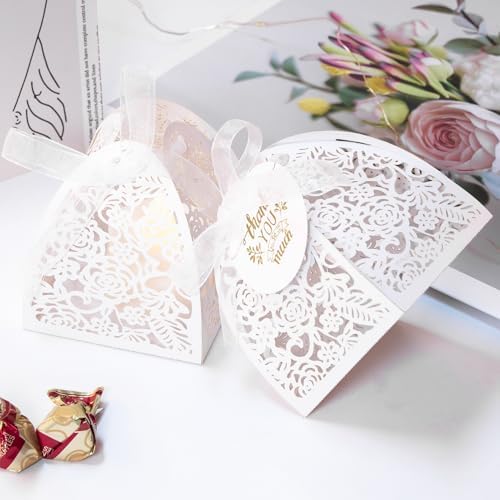 AdasBridal 50Pcs Small Gift Boxes for Party Favors, Laser Cut Candy Boxes Wedding Favor with Thank You Card Ribbons for Bridal Baby Shower Wedding Decorations (White, 2.36")