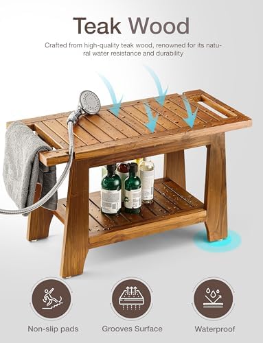 TINAMO 28" Teak Shower Benches for Inside Shower - 400 Lbs Capacity -Wooden Shower Stool Waterproof for Shaving Legs - Bench Seat with Storage Towel Shelf for Bathroom - Chair Spa Bath Nail Shave