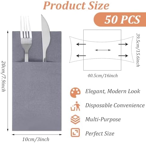 50 Pcs Linen Feel Napkins, Disposable Airlaid Paper Napkins Linen Feel Napkin Disposable Grey with Built in Flatware Pocket for Silverware Valentine Wedding Party Christmas Day, Dusty Grey