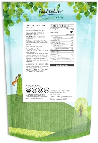 Organic Whole Psyllium Seeds, 8 Ounces - Non-GMO, Vegan, Kosher, Keto Friendly, Raw, Bulk, Rich in Iron, Natural Food Thickener