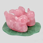 Natural Rose Quartz Mandarin Ducks Love Birds on Green Aventurine Lotus Leaf , Mandarin Ducks Figurines for Symbol of Love