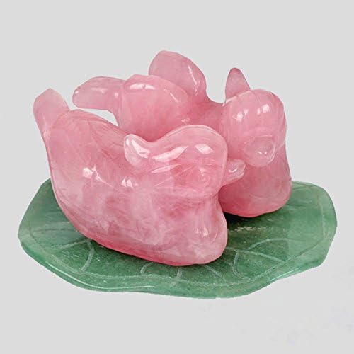 Natural Rose Quartz Mandarin Ducks Love Birds on Green Aventurine Lotus Leaf , Mandarin Ducks Figurines for Symbol of Love