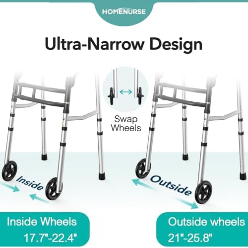 HOMENURSE Narrow Walkers for Seniors, Folding Walker with Skis and 5" Wheels for Small Spaces, Adjustable Width & Height, Aluminum Lightweight Standard Rolling Walker, Support Up to 350lbs, Silver