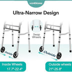 HOMENURSE Narrow Walkers for Seniors, Folding Walker with Skis and 5" Wheels for Small Spaces, Adjustable Width & Height, Aluminum Lightweight Standard Rolling Walker, Support Up to 350lbs, Silver